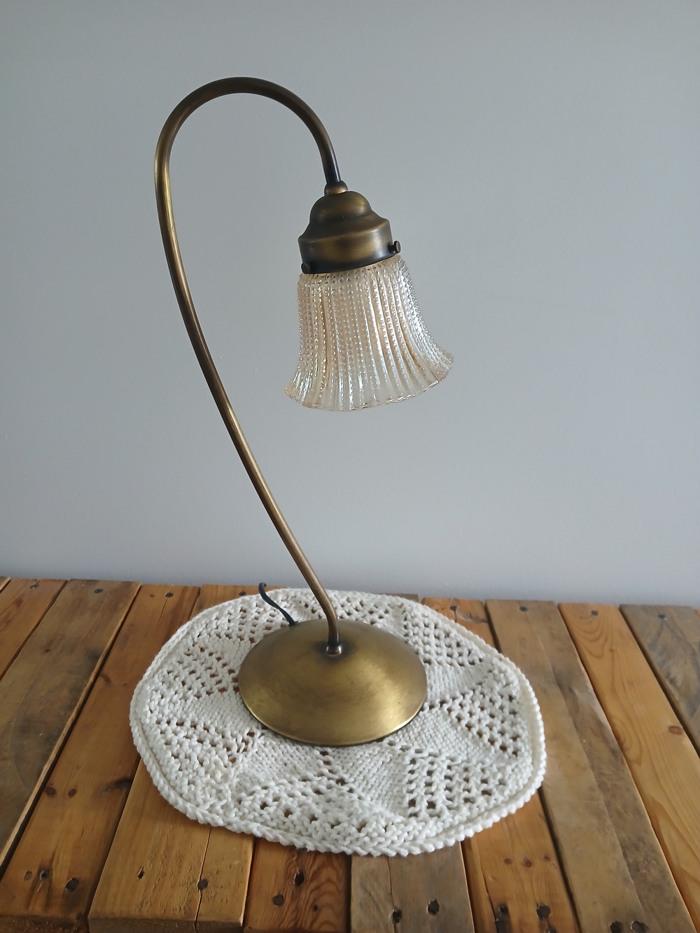 Antique Brass Plated Curved Desk Lamp with Ribbed Glass Shade